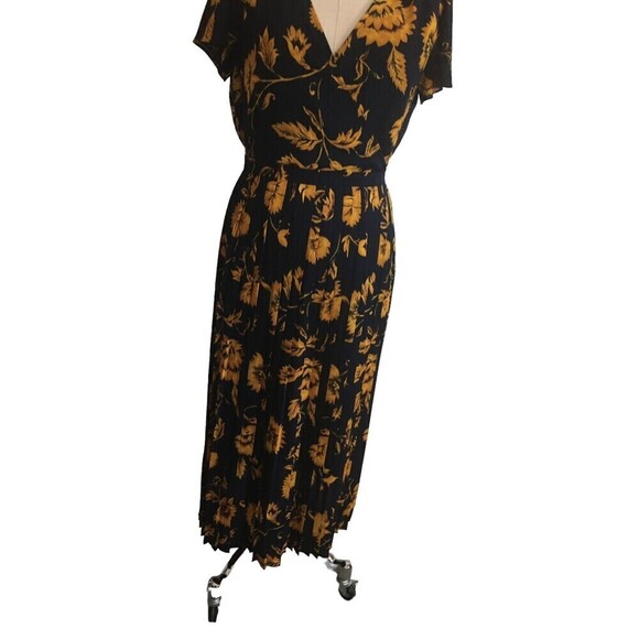 J Crew Dress Women's Size 4 Black Yellow Floral Short Sleeve Pleated Skirt - Picture 3 of 8